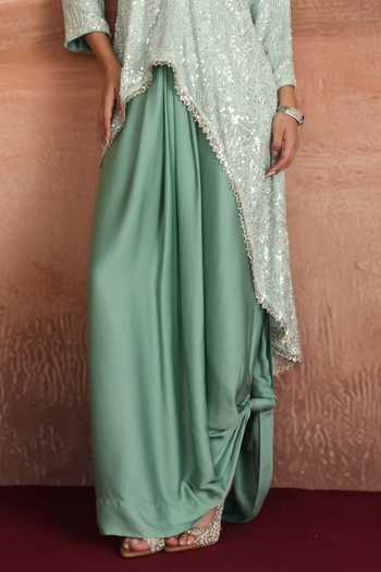 Mustard Moon By Neyha And Vrinda Green Georgette, Satin, Modal Round Neck Serena Layered Kurta And Draped Skirt Set Online at Aza Fashions Mustard Moon By Neyha And Vrinda_Green Georgette, Satin, Modal Round Neck Serena Layered Kurta And Draped Skirt Set _Online_at_Aza_Fashions