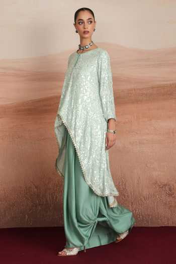 Buy Mustard Moon By Neyha And Vrinda Green Georgette, Satin, Modal Round Neck Serena Layered Kurta And Draped Skirt Set Online at Aza Fashions Buy_Mustard Moon By Neyha And Vrinda_Green Georgette, Satin, Modal Round Neck Serena Layered Kurta And Draped Skirt Set _Online_at_Aza_Fashions