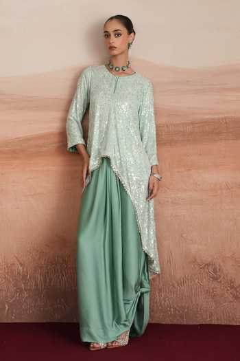 Shop Mustard Moon By Neyha And Vrinda Green Georgette, Satin, Modal Round Neck Serena Layered Kurta And Draped Skirt Set Online at Aza Fashions Shop_Mustard Moon By Neyha And Vrinda_Green Georgette, Satin, Modal Round Neck Serena Layered Kurta And Draped Skirt Set _Online_at_Aza_Fashions