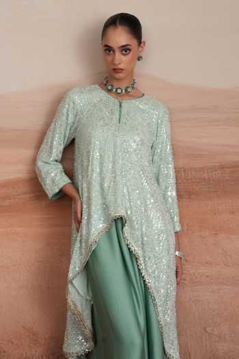 Mustard Moon By Neyha And Vrinda Green Georgette, Satin, Modal Round Neck Serena Layered Kurta And Draped Skirt Set at Aza Fashions Mustard Moon By Neyha And Vrinda_Green Georgette, Satin, Modal Round Neck Serena Layered Kurta And Draped Skirt Set _at_Aza_Fashions