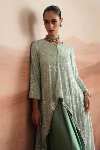 Buy Mustard Moon By Neyha And Vrinda Green Georgette, Satin, Modal Round Neck Serena Layered Kurta And Draped Skirt Set Buy_Mustard Moon By Neyha And Vrinda_Green Georgette, Satin, Modal Round Neck Serena Layered Kurta And Draped Skirt Set