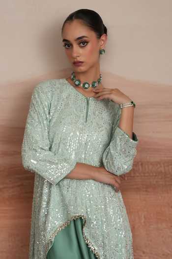 Shop Mustard Moon By Neyha And Vrinda Green Georgette, Satin, Modal Round Neck Serena Layered Kurta And Draped Skirt Set Shop_Mustard Moon By Neyha And Vrinda_Green Georgette, Satin, Modal Round Neck Serena Layered Kurta And Draped Skirt Set