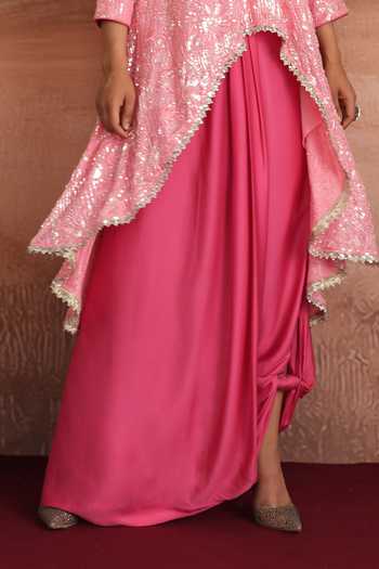 Mustard Moon By Neyha And Vrinda Pink Georgette, Modal Round Neck Serena Layered Kurta And Draped Skirt Set Online at Aza Fashions Mustard Moon By Neyha And Vrinda_Pink Georgette, Modal Round Neck Serena Layered Kurta And Draped Skirt Set _Online_at_Aza_Fashions