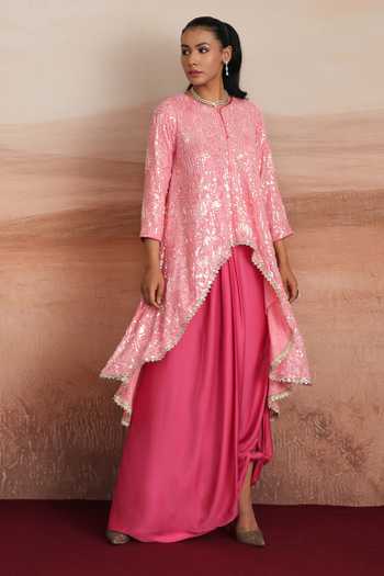 Buy Mustard Moon By Neyha And Vrinda Pink Georgette, Modal Round Neck Serena Layered Kurta And Draped Skirt Set Online at Aza Fashions Buy_Mustard Moon By Neyha And Vrinda_Pink Georgette, Modal Round Neck Serena Layered Kurta And Draped Skirt Set _Online_at_Aza_Fashions