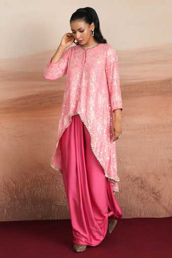Shop Mustard Moon By Neyha And Vrinda Pink Georgette, Modal Round Neck Serena Layered Kurta And Draped Skirt Set Online at Aza Fashions Shop_Mustard Moon By Neyha And Vrinda_Pink Georgette, Modal Round Neck Serena Layered Kurta And Draped Skirt Set _Online_at_Aza_Fashions