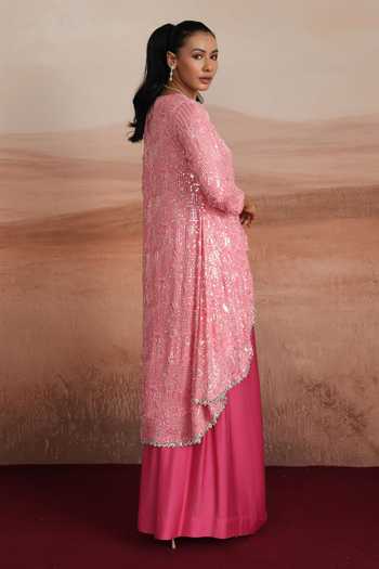 Mustard Moon By Neyha And Vrinda Pink Georgette, Modal Round Neck Serena Layered Kurta And Draped Skirt Set at Aza Fashions Mustard Moon By Neyha And Vrinda_Pink Georgette, Modal Round Neck Serena Layered Kurta And Draped Skirt Set _at_Aza_Fashions