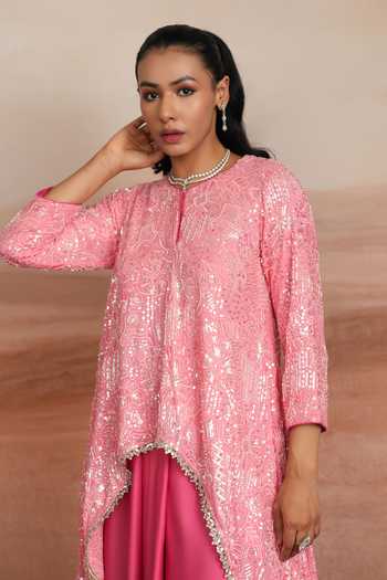 Buy Mustard Moon By Neyha And Vrinda Pink Georgette, Modal Round Neck Serena Layered Kurta And Draped Skirt Set Buy_Mustard Moon By Neyha And Vrinda_Pink Georgette, Modal Round Neck Serena Layered Kurta And Draped Skirt Set