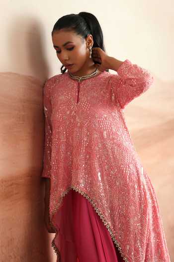Shop Mustard Moon By Neyha And Vrinda Pink Georgette, Modal Round Neck Serena Layered Kurta And Draped Skirt Set Shop_Mustard Moon By Neyha And Vrinda_Pink Georgette, Modal Round Neck Serena Layered Kurta And Draped Skirt Set