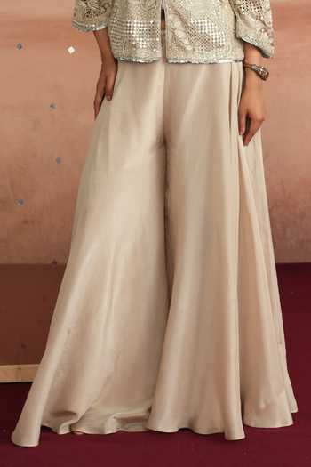Mustard Moon By Neyha And Vrinda_Grey Net, Tissue Round Neck Sidra Embellished Jacket And Sharara Set _Online_at_Aza_Fashions