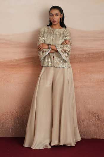 Buy_Mustard Moon By Neyha And Vrinda_Grey Net, Tissue Round Neck Sidra Embellished Jacket And Sharara Set _Online_at_Aza_Fashions