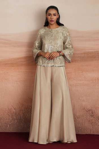 Shop_Mustard Moon By Neyha And Vrinda_Grey Net, Tissue Round Neck Sidra Embellished Jacket And Sharara Set _Online_at_Aza_Fashions