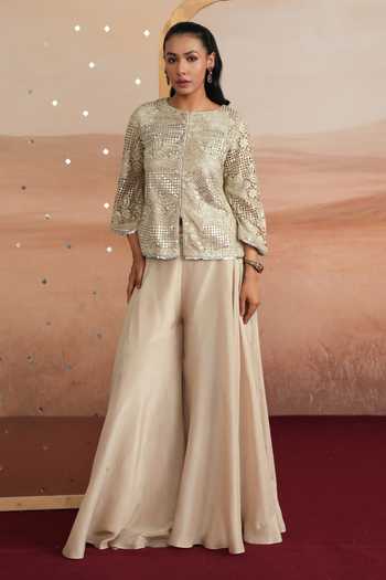 Mustard Moon By Neyha And Vrinda_Grey Net, Tissue Round Neck Sidra Embellished Jacket And Sharara Set _at_Aza_Fashions