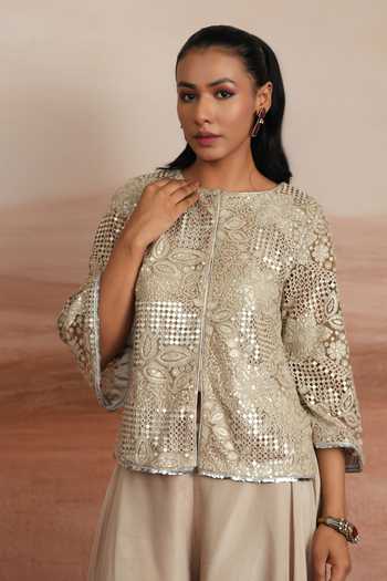 Buy_Mustard Moon By Neyha And Vrinda_Grey Net, Tissue Round Neck Sidra Embellished Jacket And Sharara Set 