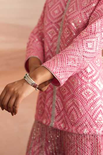 Mustard Moon By Neyha And Vrinda Pink Net V-neck, Yes Sana Embellished Kurta And Pant Set Online at Aza Fashions Mustard Moon By Neyha And Vrinda_Pink Net V-neck, Yes Sana Embellished Kurta And Pant Set _Online_at_Aza_Fashions
