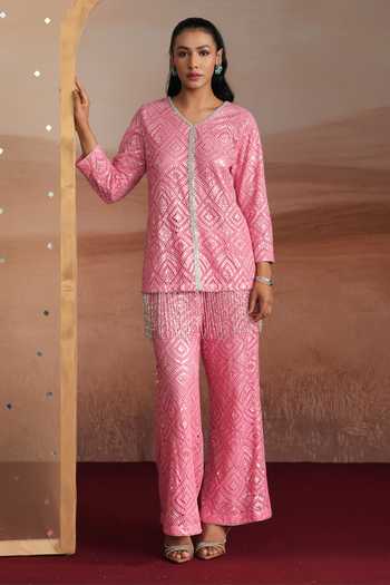Shop Mustard Moon By Neyha And Vrinda Pink Net V-neck, Yes Sana Embellished Kurta And Pant Set Online at Aza Fashions Shop_Mustard Moon By Neyha And Vrinda_Pink Net V-neck, Yes Sana Embellished Kurta And Pant Set _Online_at_Aza_Fashions