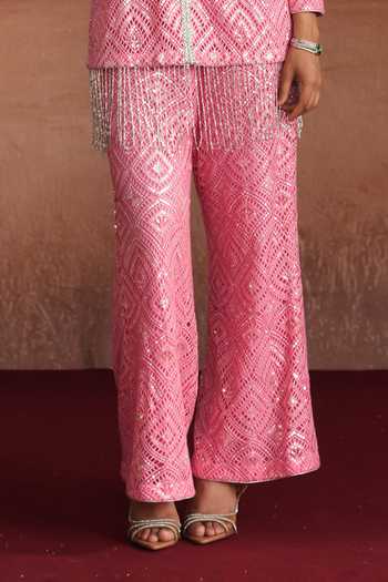 Mustard Moon By Neyha And Vrinda Pink Net V-neck, Yes Sana Embellished Kurta And Pant Set at Aza Fashions Mustard Moon By Neyha And Vrinda_Pink Net V-neck, Yes Sana Embellished Kurta And Pant Set _at_Aza_Fashions