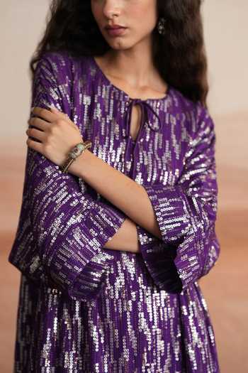 Mustard Moon By Neyha And Vrinda Purple Georgette, Satin, Modal Keyhole Alina Sequin Striped Kurta And Pant Set Online at Aza Fashions Mustard Moon By Neyha And Vrinda_Purple Georgette, Satin, Modal Keyhole Alina Sequin Striped Kurta And Pant Set _Online_at_Aza_Fashions