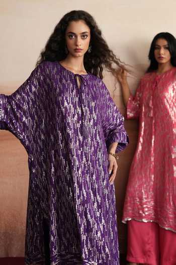 Shop Mustard Moon By Neyha And Vrinda Purple Georgette, Satin, Modal Keyhole Alina Sequin Striped Kurta And Pant Set Online at Aza Fashions Shop_Mustard Moon By Neyha And Vrinda_Purple Georgette, Satin, Modal Keyhole Alina Sequin Striped Kurta And Pant Set _Online_at_Aza_Fashions