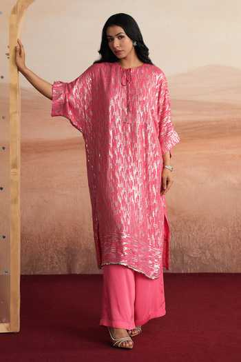 Mustard Moon By Neyha And Vrinda Pink Georgette, Satin, Modal Yes Alina Sequin Striped Kurta And Pant Set Online at Aza Fashions Mustard Moon By Neyha And Vrinda_Pink Georgette, Satin, Modal Yes Alina Sequin Striped Kurta And Pant Set _Online_at_Aza_Fashions