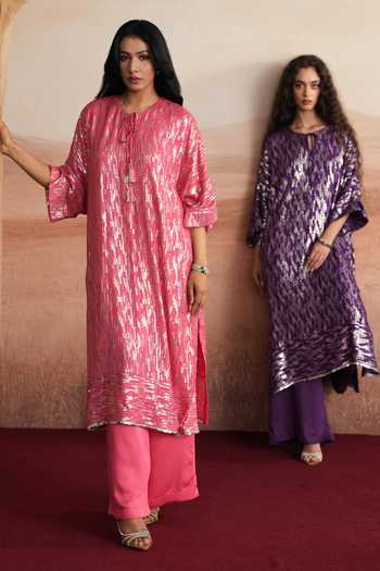 Shop Mustard Moon By Neyha And Vrinda Pink Georgette, Satin, Modal Yes Alina Sequin Striped Kurta And Pant Set Online at Aza Fashions Shop_Mustard Moon By Neyha And Vrinda_Pink Georgette, Satin, Modal Yes Alina Sequin Striped Kurta And Pant Set _Online_at_Aza_Fashions