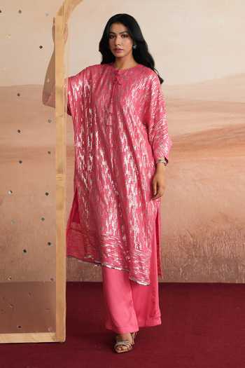 Mustard Moon By Neyha And Vrinda Pink Georgette, Satin, Modal Yes Alina Sequin Striped Kurta And Pant Set at Aza Fashions Mustard Moon By Neyha And Vrinda_Pink Georgette, Satin, Modal Yes Alina Sequin Striped Kurta And Pant Set _at_Aza_Fashions