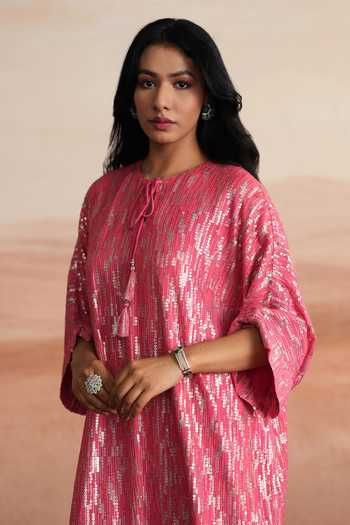 Buy Mustard Moon By Neyha And Vrinda Pink Georgette, Satin, Modal Yes Alina Sequin Striped Kurta And Pant Set Buy_Mustard Moon By Neyha And Vrinda_Pink Georgette, Satin, Modal Yes Alina Sequin Striped Kurta And Pant Set