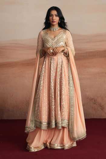 Mustard Moon By Neyha And Vrinda Nazneen Embroidered Anarkali Sharara Set