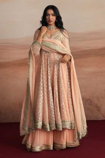 Mustard Moon By Neyha And Vrinda Peach Georgette V-neck Nazneen Embroidered Anarkali Sharara Set Online at Aza Fashions Mustard Moon By Neyha And Vrinda_Peach Georgette V-neck Nazneen Embroidered Anarkali Sharara Set _Online_at_Aza_Fashions