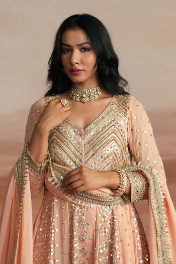 Buy Mustard Moon By Neyha And Vrinda Peach Georgette V-neck Nazneen Embroidered Anarkali Sharara Set Online at Aza Fashions Buy_Mustard Moon By Neyha And Vrinda_Peach Georgette V-neck Nazneen Embroidered Anarkali Sharara Set _Online_at_Aza_Fashions