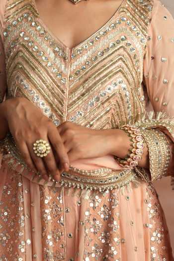 Mustard Moon By Neyha And Vrinda Peach Georgette V-neck Nazneen Embroidered Anarkali Sharara Set at Aza Fashions Mustard Moon By Neyha And Vrinda_Peach Georgette V-neck Nazneen Embroidered Anarkali Sharara Set _at_Aza_Fashions
