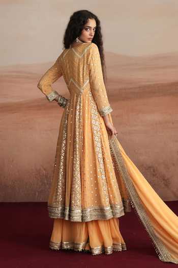Mustard Moon By Neyha And Vrinda Nazneen Embroidered Anarkali Sharara Set