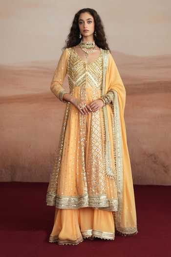 Mustard Moon By Neyha And Vrinda Yellow Georgette V-neck Nazneen Embroidered Anarkali Sharara Set Online at Aza Fashions Mustard Moon By Neyha And Vrinda_Yellow Georgette V-neck Nazneen Embroidered Anarkali Sharara Set _Online_at_Aza_Fashions