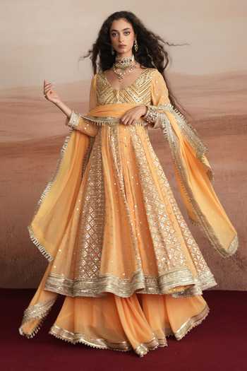 Mustard Moon By Neyha And Vrinda Nazneen Embroidered Anarkali Sharara Set