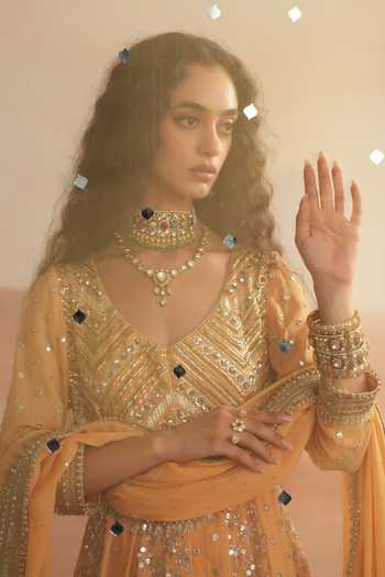 Shop Mustard Moon By Neyha And Vrinda Yellow Georgette V-neck Nazneen Embroidered Anarkali Sharara Set Online at Aza Fashions Shop_Mustard Moon By Neyha And Vrinda_Yellow Georgette V-neck Nazneen Embroidered Anarkali Sharara Set _Online_at_Aza_Fashions