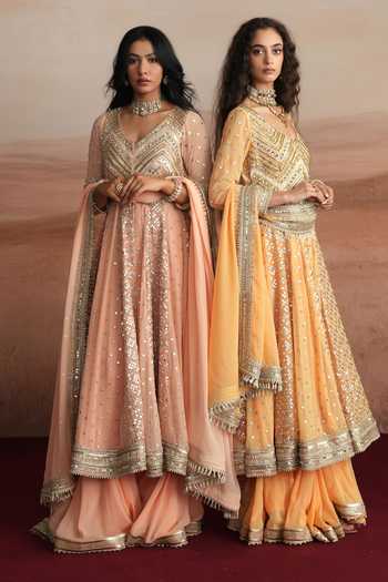 Mustard Moon By Neyha And Vrinda Yellow Georgette V-neck Nazneen Embroidered Anarkali Sharara Set at Aza Fashions Mustard Moon By Neyha And Vrinda_Yellow Georgette V-neck Nazneen Embroidered Anarkali Sharara Set _at_Aza_Fashions
