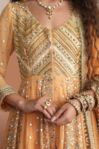 Buy Mustard Moon By Neyha And Vrinda Yellow Georgette V-neck Nazneen Embroidered Anarkali Sharara Set Buy_Mustard Moon By Neyha And Vrinda_Yellow Georgette V-neck Nazneen Embroidered Anarkali Sharara Set