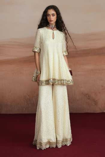 Mustard Moon By Neyha And Vrinda_Ivory Georgette Keyhole Neck Mishka Flared Short Kurta Sharara Set _Online_at_Aza_Fashions
