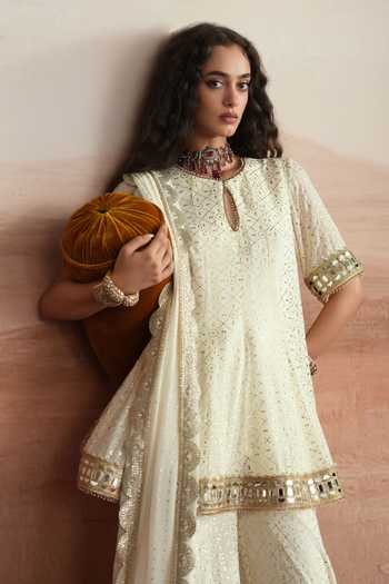 Buy_Mustard Moon By Neyha And Vrinda_Ivory Georgette Keyhole Neck Mishka Flared Short Kurta Sharara Set _Online_at_Aza_Fashions