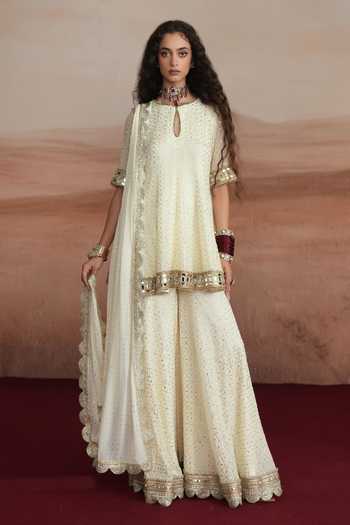 Mustard Moon By Neyha And Vrinda Mishka Flared Short Kurta Sharara Set