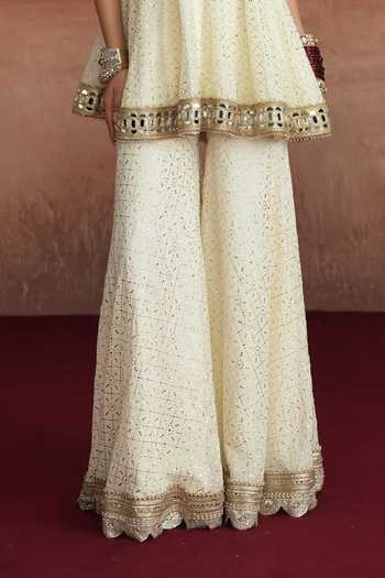 Shop_Mustard Moon By Neyha And Vrinda_Ivory Georgette Keyhole Neck Mishka Flared Short Kurta Sharara Set _Online_at_Aza_Fashions