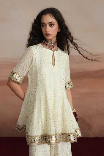 Mustard Moon By Neyha And Vrinda_Ivory Georgette Keyhole Neck Mishka Flared Short Kurta Sharara Set _at_Aza_Fashions