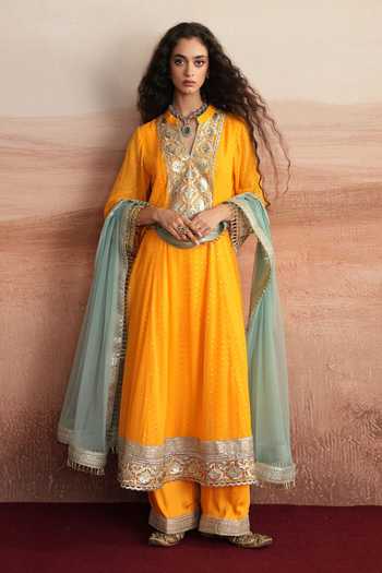 Mustard Moon By Neyha And Vrinda Devika A-Line Embroidered Yoke Kurta Set