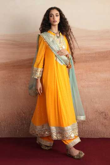 Mustard Moon By Neyha And Vrinda_Yellow Georgette, Satin, Modal, Net Devika A-line Embroidered Yoke Kurta Set _Online_at_Aza_Fashions