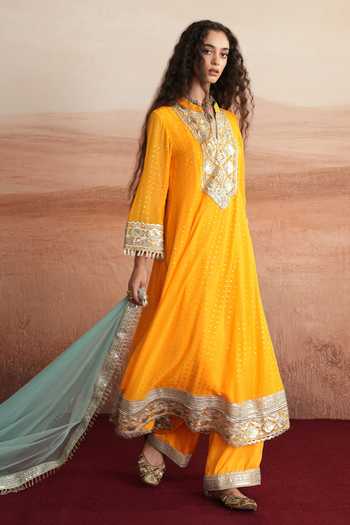 Buy_Mustard Moon By Neyha And Vrinda_Yellow Georgette, Satin, Modal, Net Devika A-line Embroidered Yoke Kurta Set _Online_at_Aza_Fashions