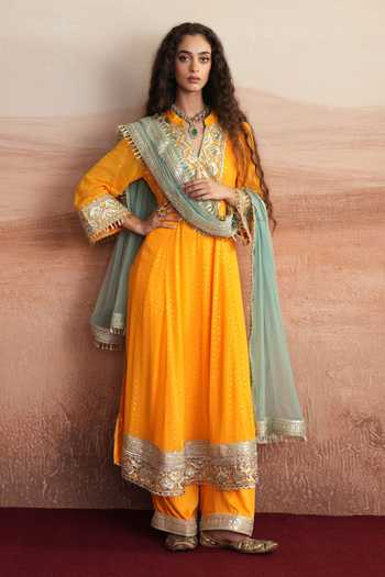 Shop_Mustard Moon By Neyha And Vrinda_Yellow Georgette, Satin, Modal, Net Devika A-line Embroidered Yoke Kurta Set _Online_at_Aza_Fashions