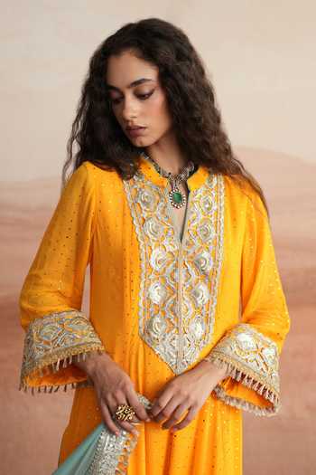 Mustard Moon By Neyha And Vrinda_Yellow Georgette, Satin, Modal, Net Devika A-line Embroidered Yoke Kurta Set _at_Aza_Fashions