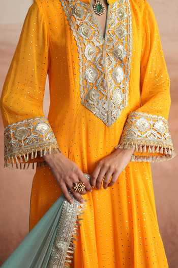 Buy_Mustard Moon By Neyha And Vrinda_Yellow Georgette, Satin, Modal, Net Devika A-line Embroidered Yoke Kurta Set 