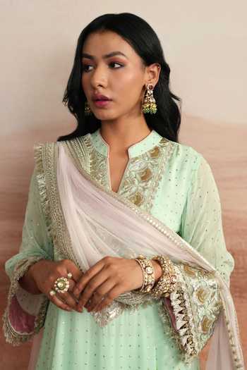 Mustard Moon By Neyha And Vrinda_Green Georgette, Satin, Modal, Net Devika A-line Embroidered Yoke Kurta Set _Online_at_Aza_Fashions