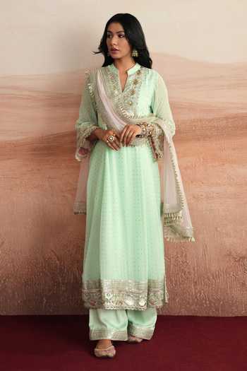 Buy_Mustard Moon By Neyha And Vrinda_Green Georgette, Satin, Modal, Net Devika A-line Embroidered Yoke Kurta Set _Online_at_Aza_Fashions