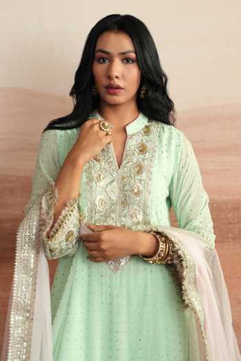 Shop_Mustard Moon By Neyha And Vrinda_Green Georgette, Satin, Modal, Net Devika A-line Embroidered Yoke Kurta Set _Online_at_Aza_Fashions